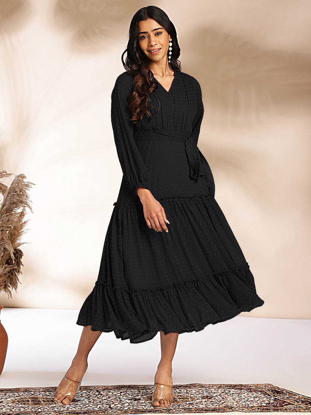 Janasya Dark Dobby Chiffon Woven Design Tiered Dress | Swadesiicart