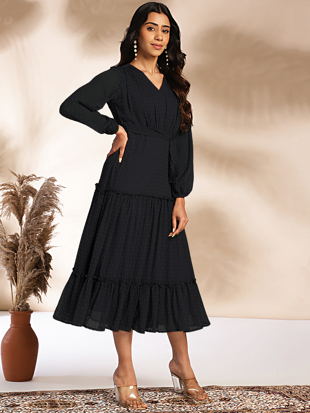 Janasya Dark Dobby Chiffon Woven Design Tiered Dress | Swadesiicart