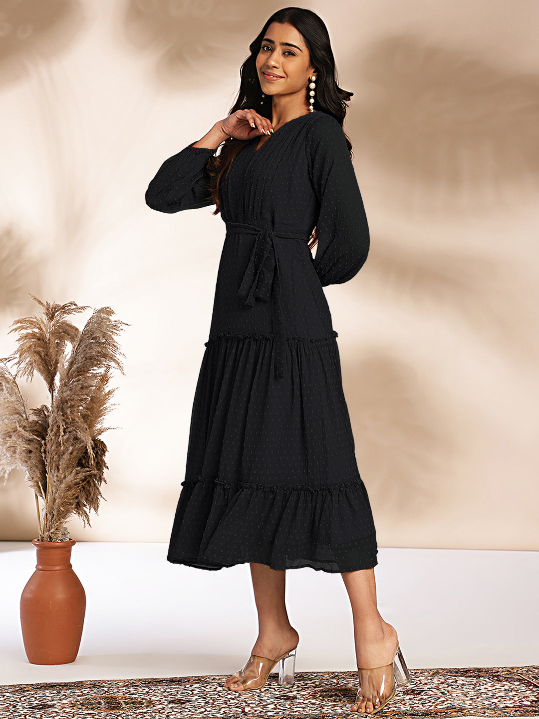 Janasya Dark Dobby Chiffon Woven Design Tiered Dress | Swadesiicart