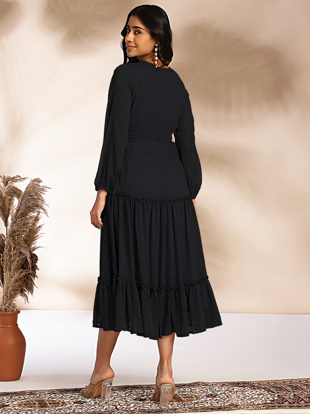 Janasya Dark Dobby Chiffon Woven Design Tiered Dress | Swadesiicart
