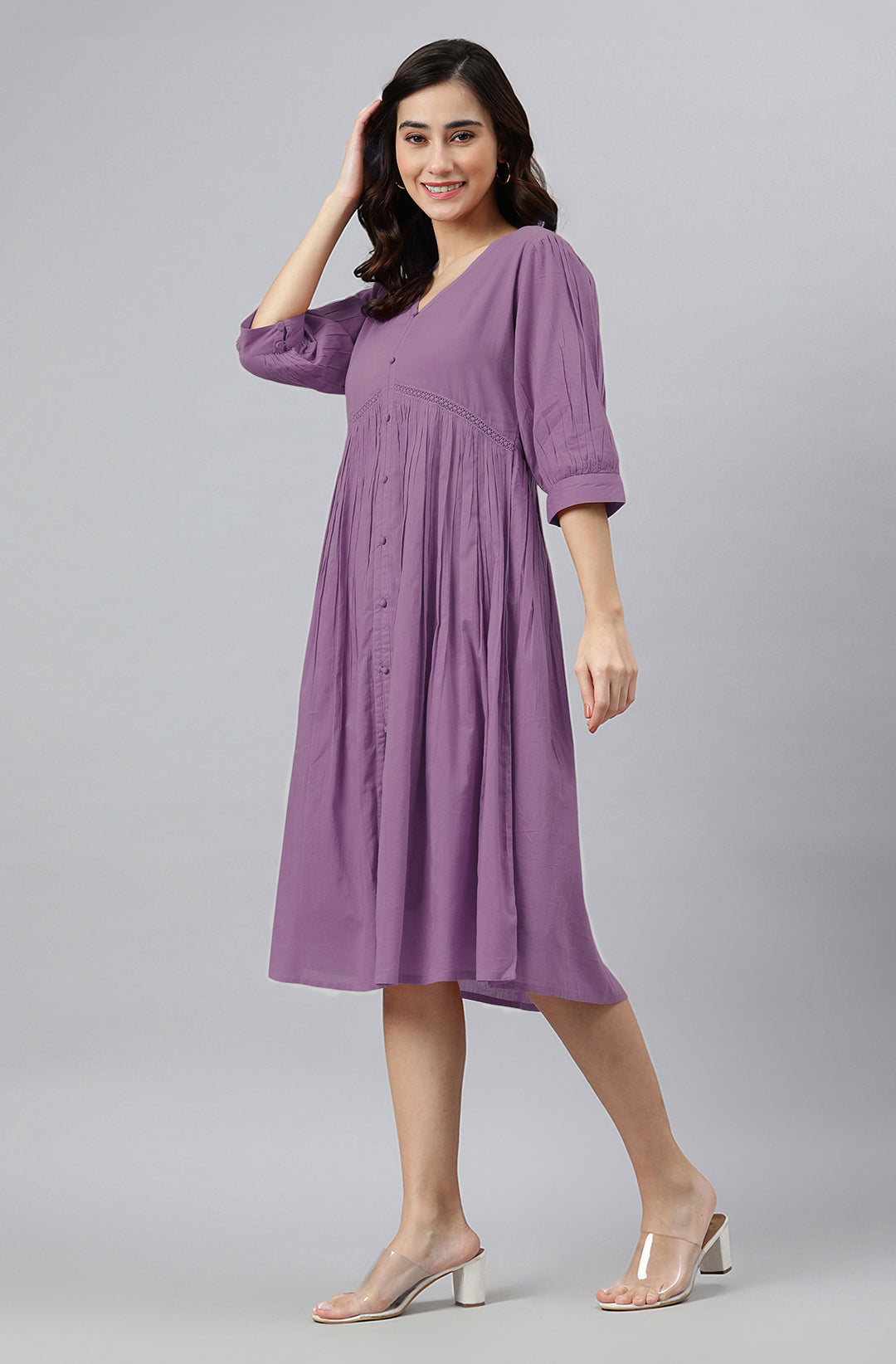 Janasya Bright Cotton Solid Gathered Dress | Swadesiicart
