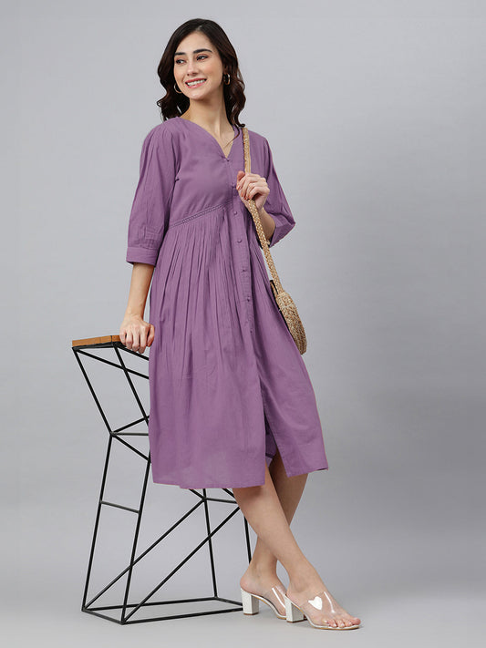 Janasya Bright Cotton Solid Gathered Dress | Swadesiicart