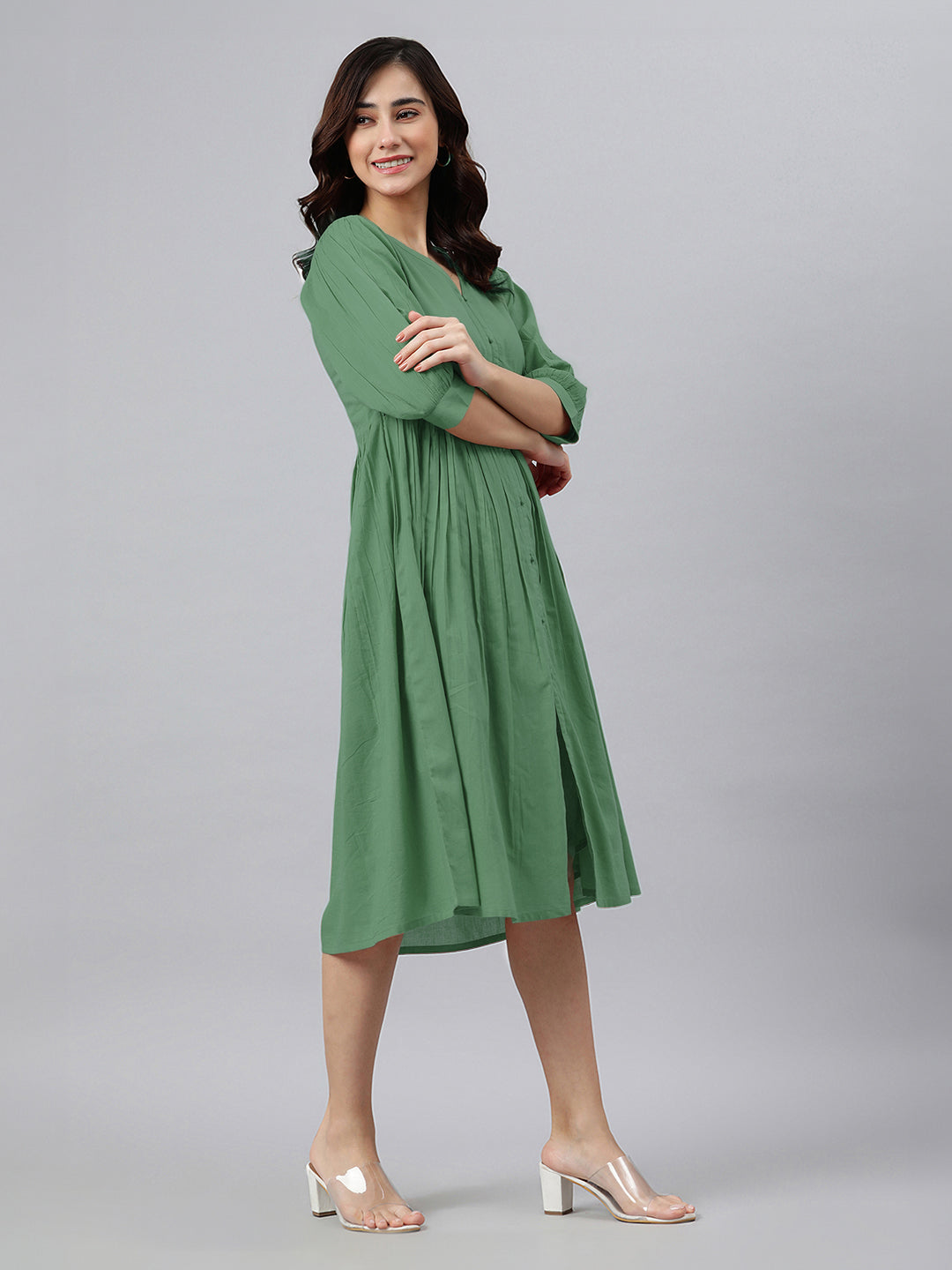 Janasya Bright Cotton Solid Gathered Dress | Swadesiicart