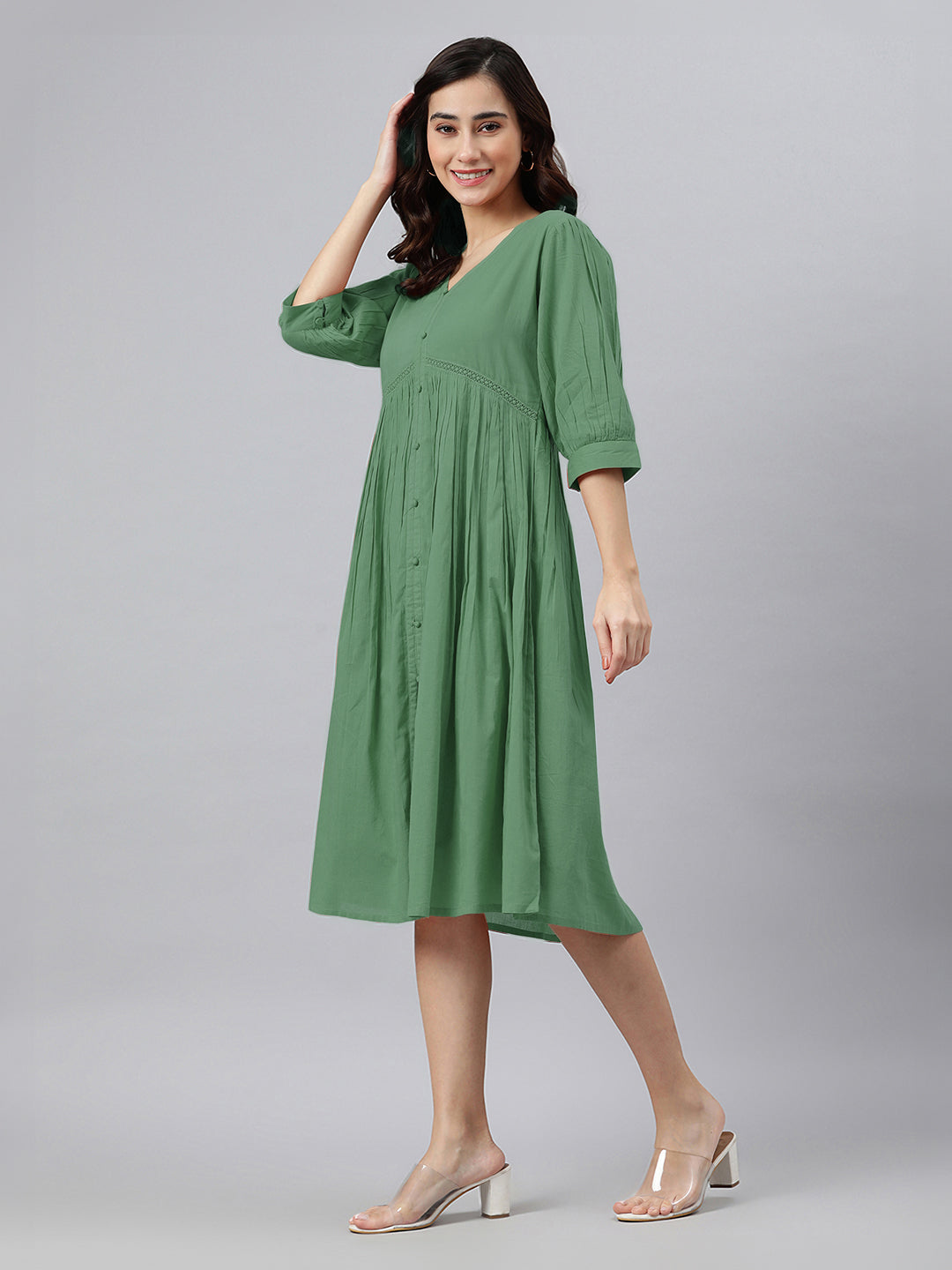 Janasya Bright Cotton Solid Gathered Dress | Swadesiicart