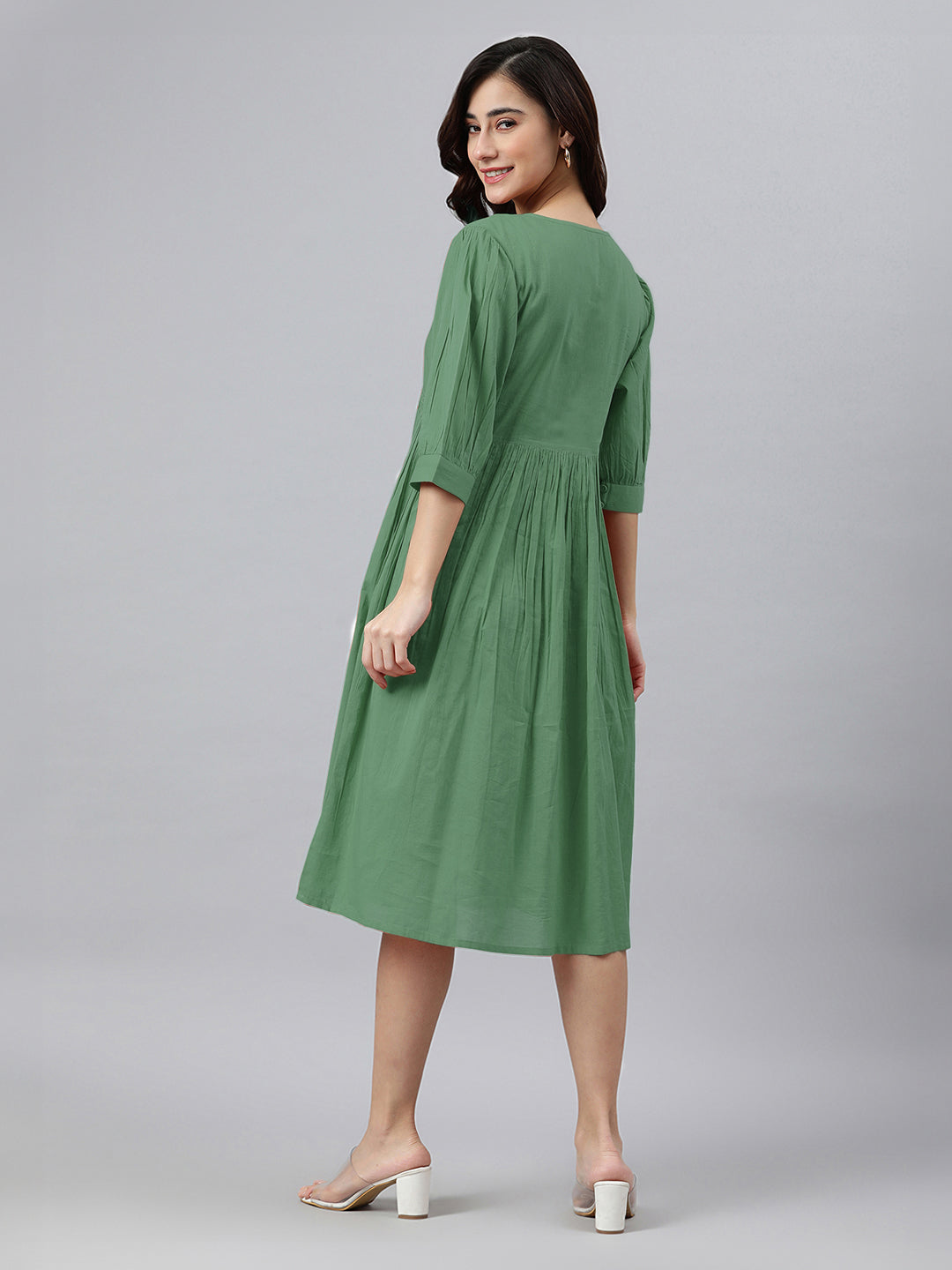 Janasya Bright Cotton Solid Gathered Dress | Swadesiicart