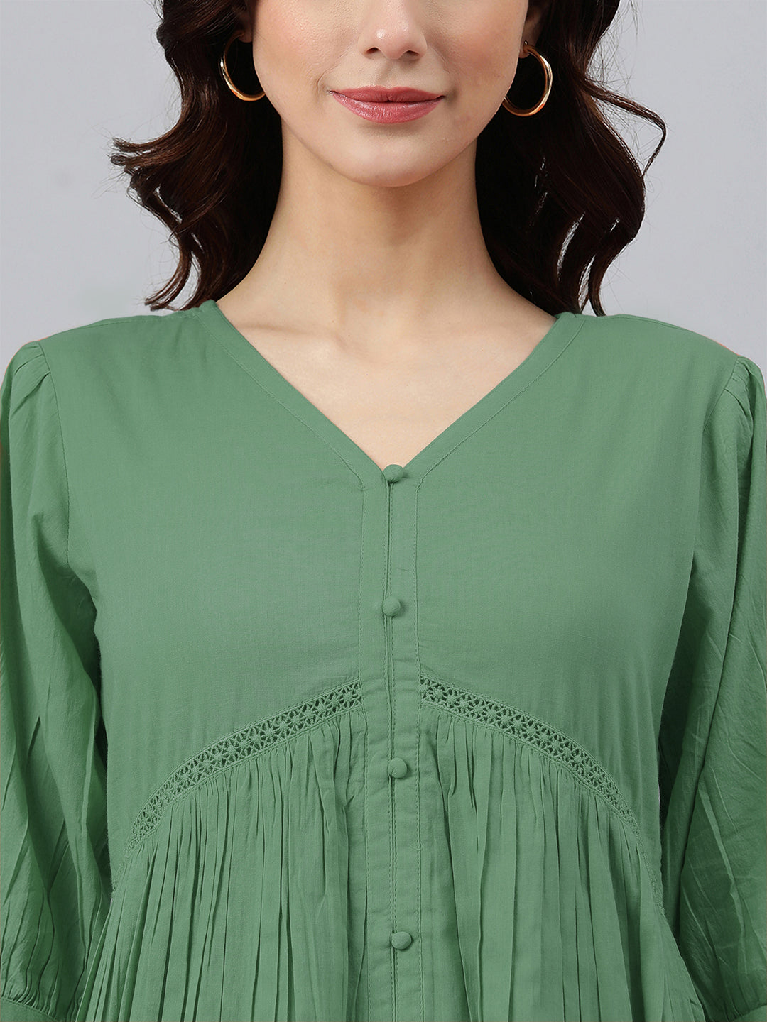 Janasya Bright Cotton Solid Gathered Dress | Swadesiicart