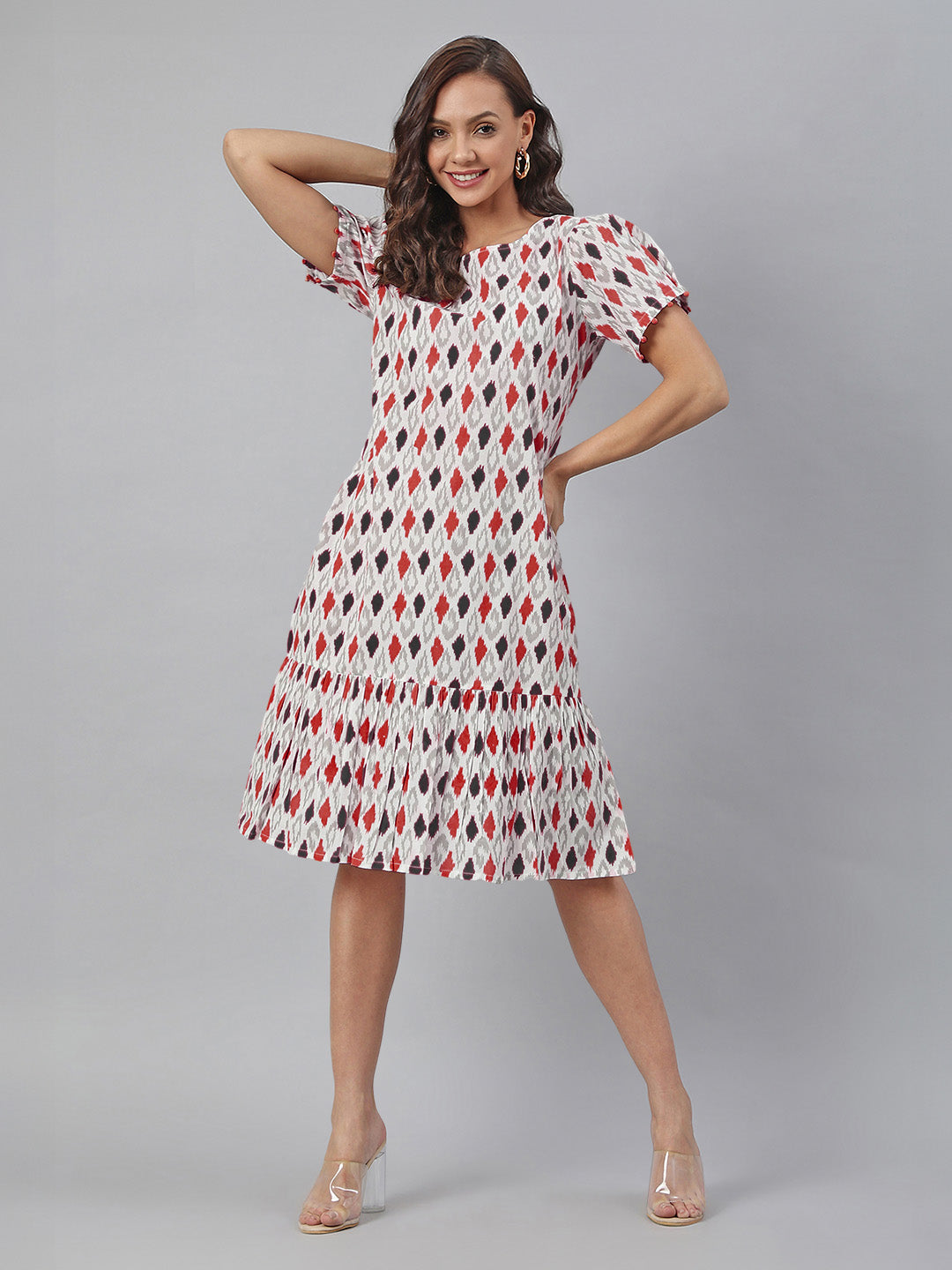 Janasya Bright Cotton Ikkat A-Line Dress | Swadesiicart