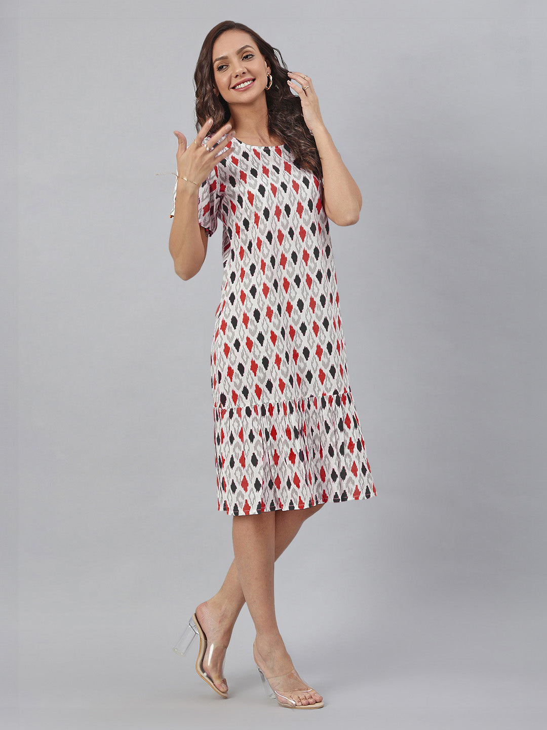 Janasya Bright Cotton Ikkat A-Line Dress | Swadesiicart