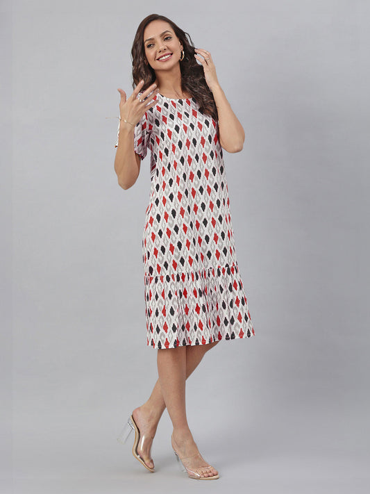 Janasya Bright Cotton Ikkat A-Line Dress | Swadesiicart
