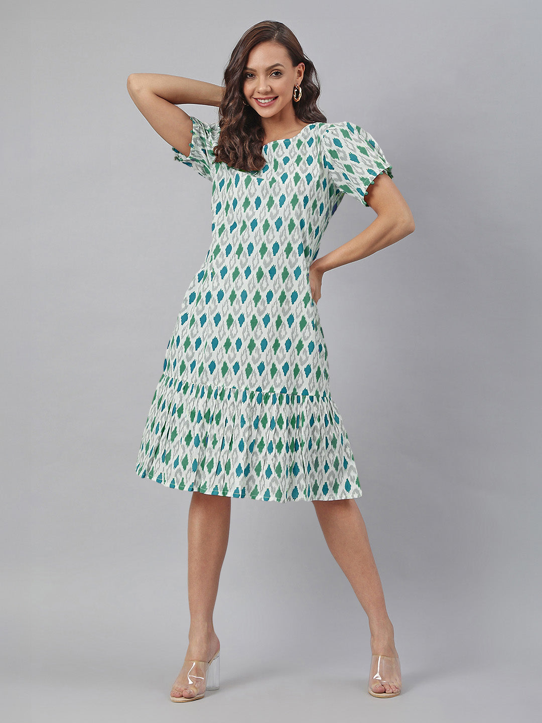 Janasya Bright Cotton Ikkat A-Line Dress | Swadesiicart
