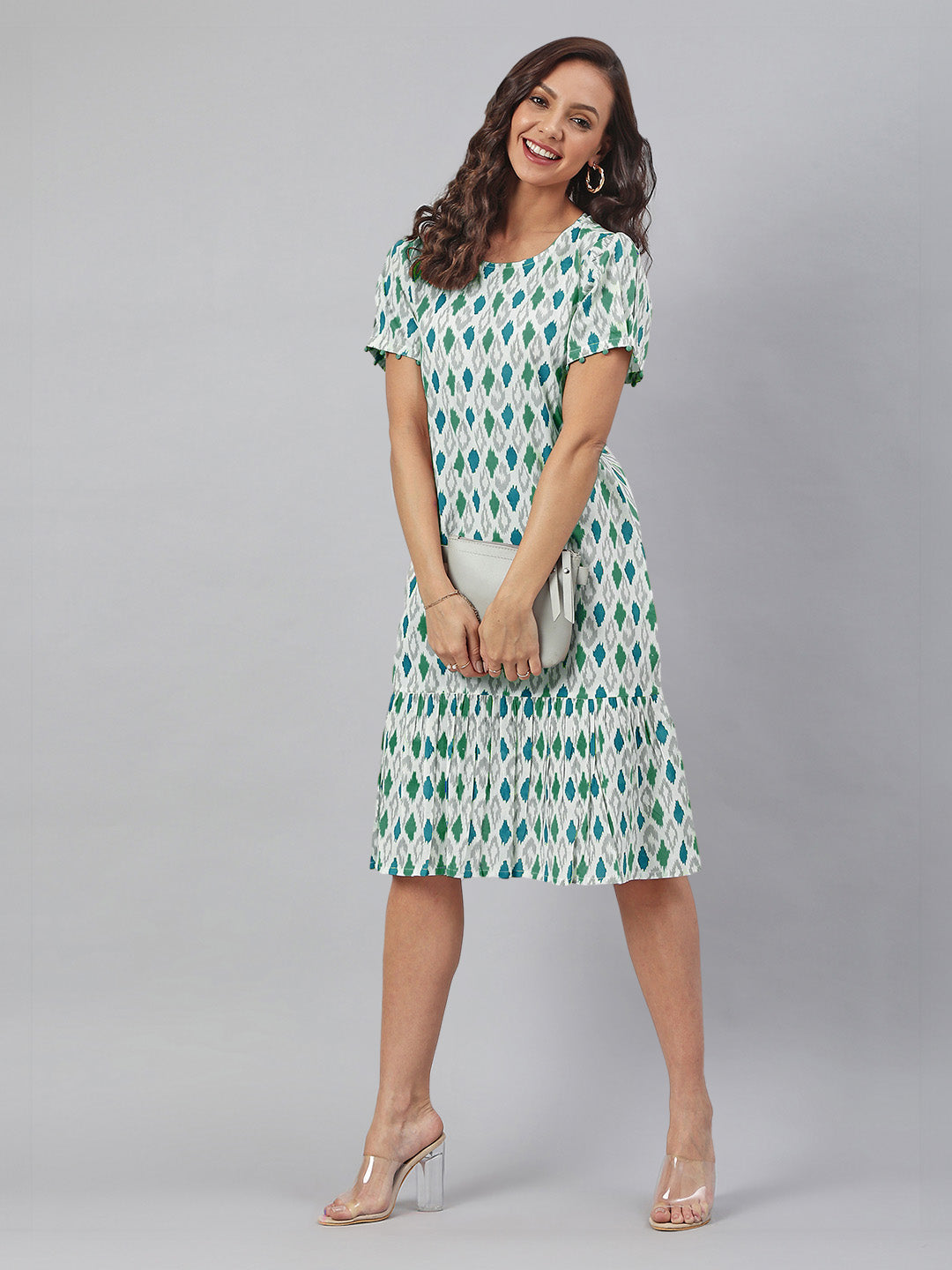 Janasya Bright Cotton Ikkat A-Line Dress | Swadesiicart
