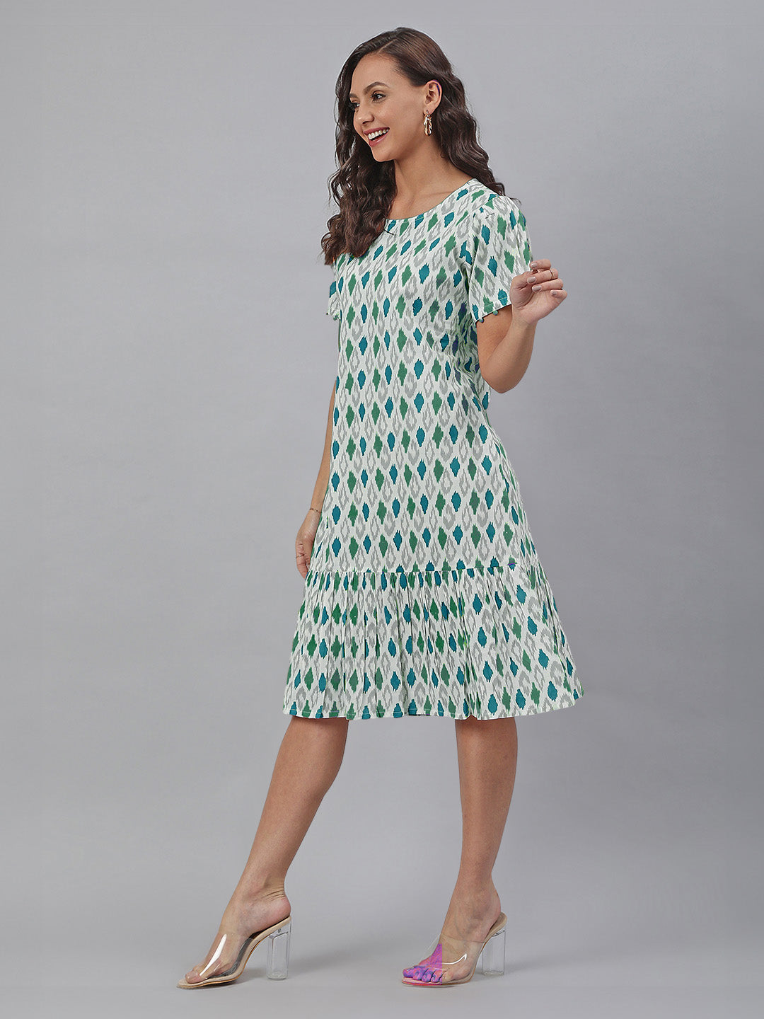 Janasya Bright Cotton Ikkat A-Line Dress | Swadesiicart