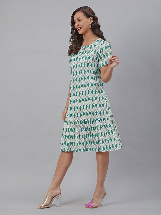Janasya Bright Cotton Ikkat A-Line Dress | Swadesiicart