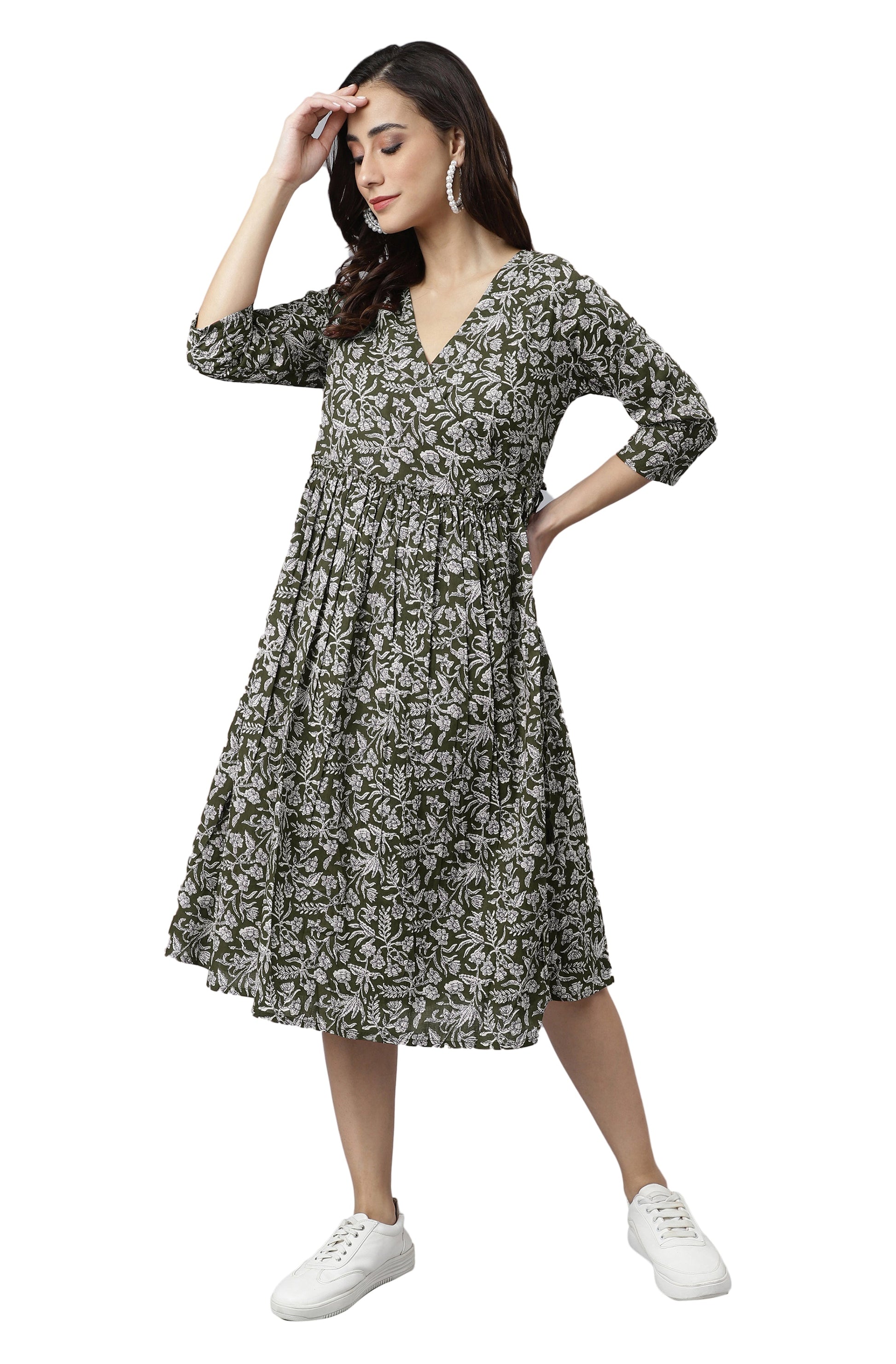 Janasya Dark Cotton Floral Angrakha Dress | Swadesiicart