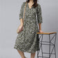 Janasya Dark Cotton Floral Angrakha Dress | Swadesiicart