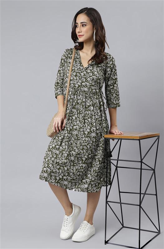 Janasya Dark Cotton Floral Angrakha Dress | Swadesiicart