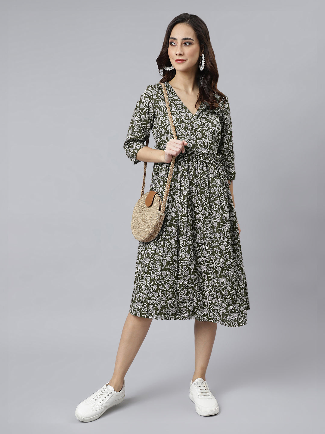 Janasya Dark Cotton Floral Angrakha Dress | Swadesiicart