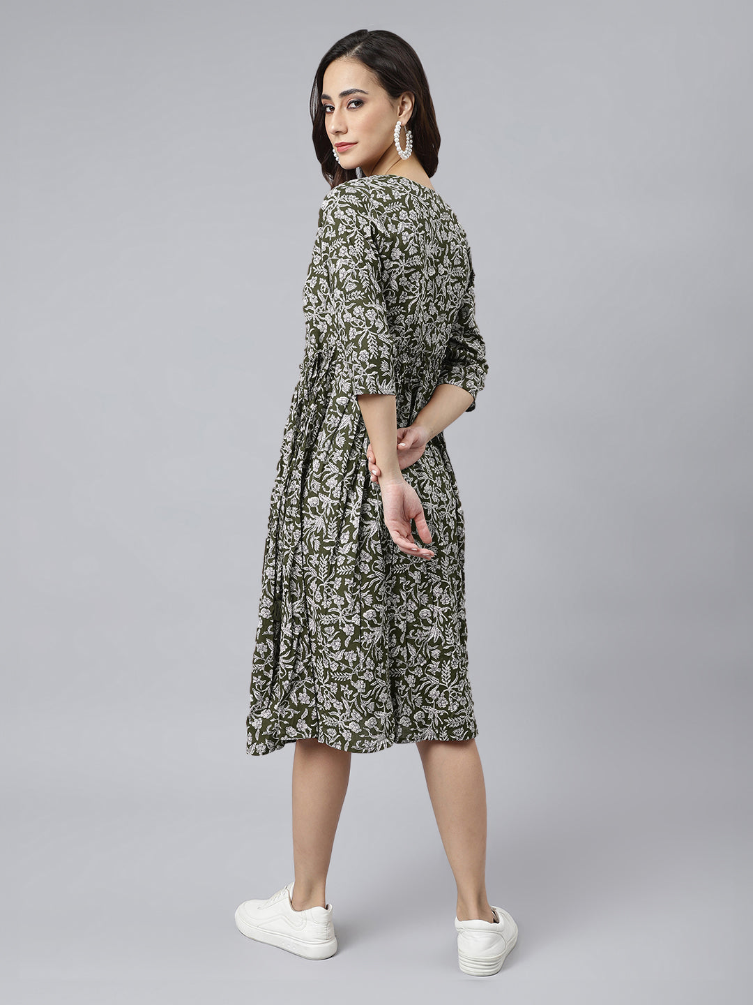 Janasya Dark Cotton Floral Angrakha Dress | Swadesiicart