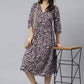 Janasya Dark Cotton Floral Angrakha Dress | Swadesiicart