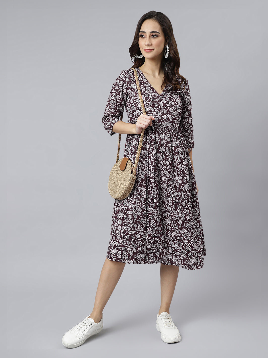 Janasya Dark Cotton Floral Angrakha Dress | Swadesiicart