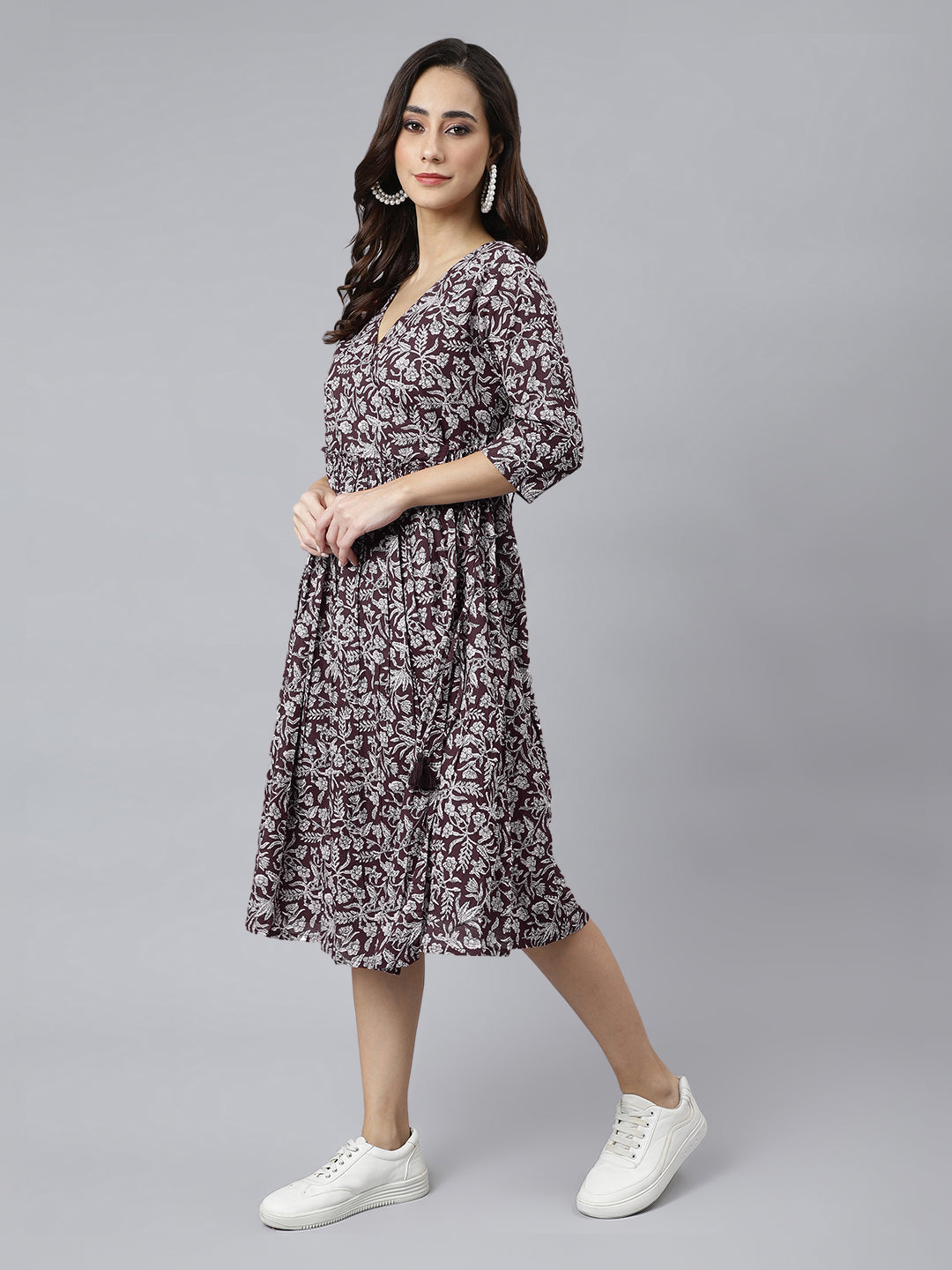 Janasya Dark Cotton Floral Angrakha Dress | Swadesiicart