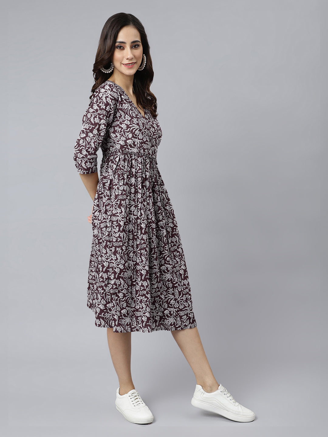 Janasya Dark Cotton Floral Angrakha Dress | Swadesiicart