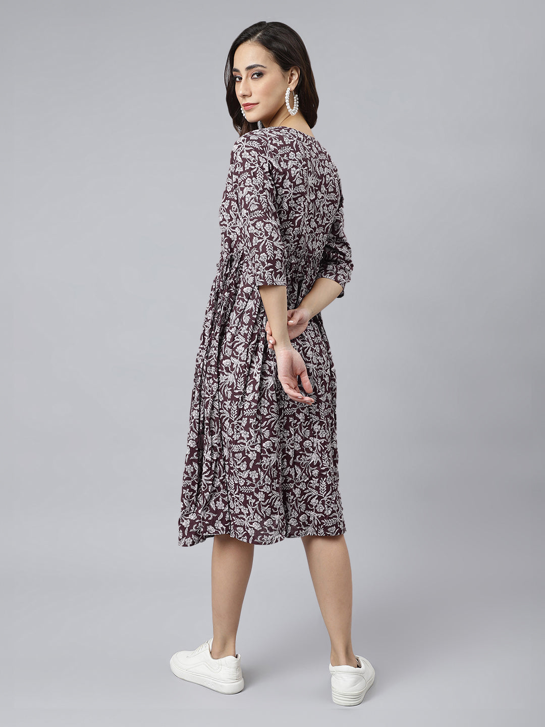 Janasya Dark Cotton Floral Angrakha Dress | Swadesiicart