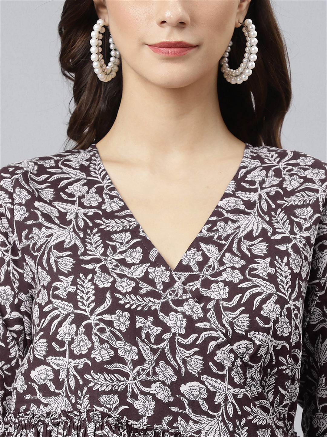 Janasya Dark Cotton Floral Angrakha Dress | Swadesiicart