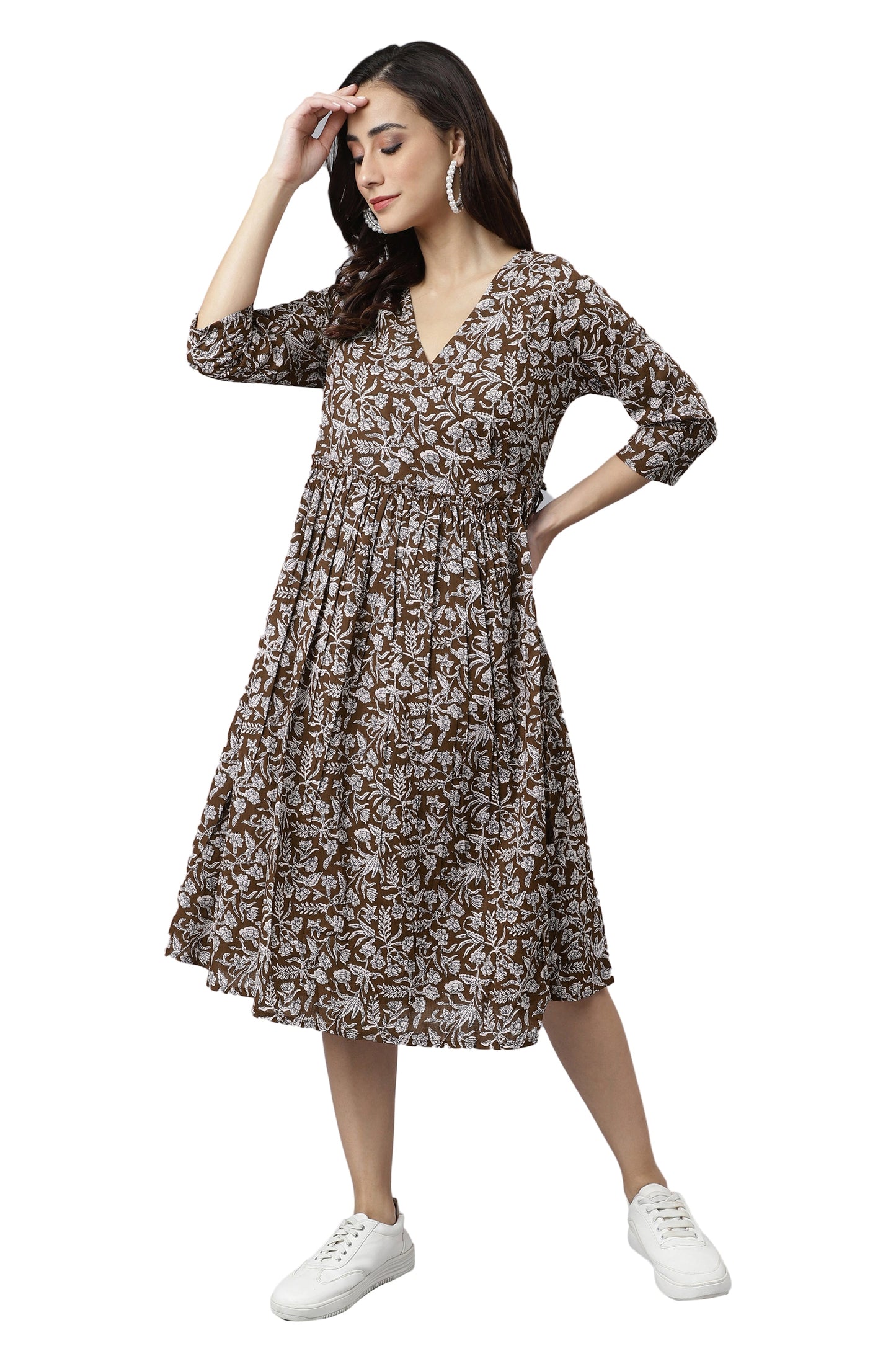 Janasya Dark Cotton Floral Angrakha Dress | Swadesiicart