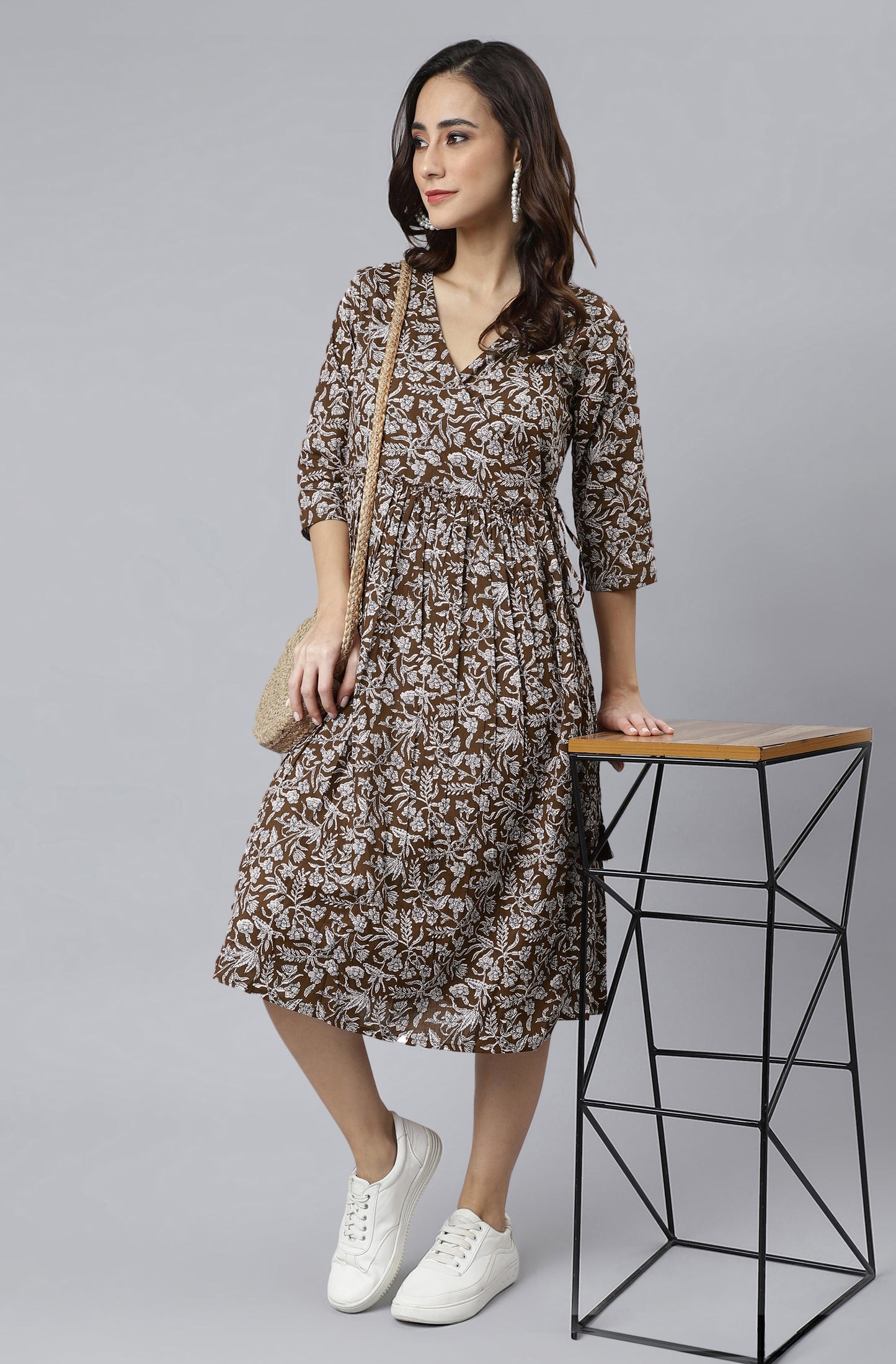 Janasya Dark Cotton Floral Angrakha Dress | Swadesiicart