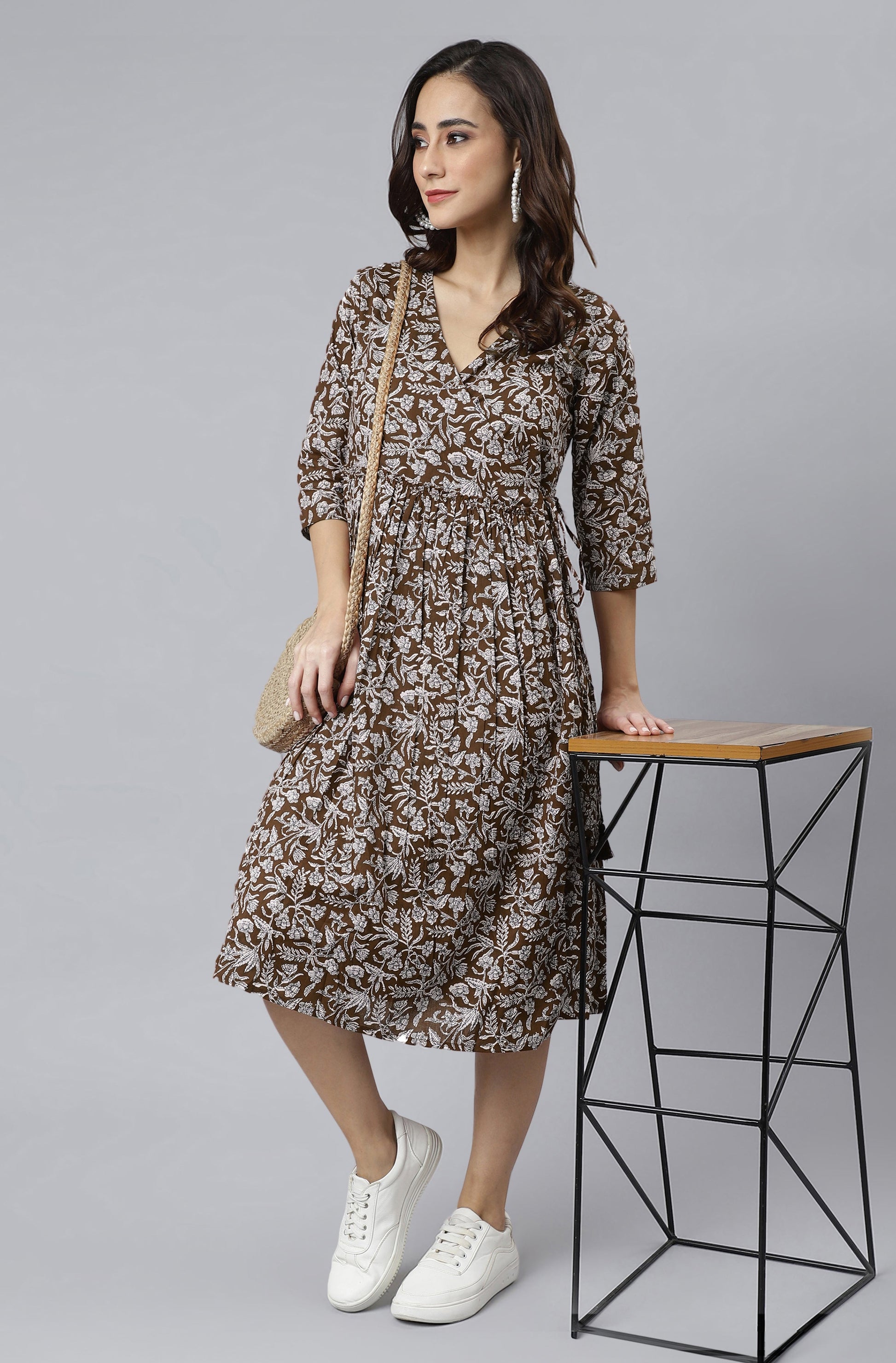 Janasya Dark Cotton Floral Angrakha Dress | Swadesiicart