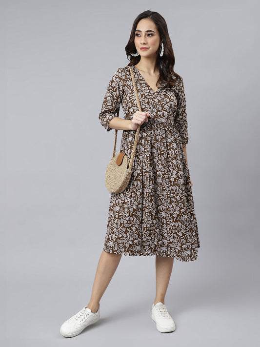 Janasya Dark Cotton Floral Angrakha Dress | Swadesiicart