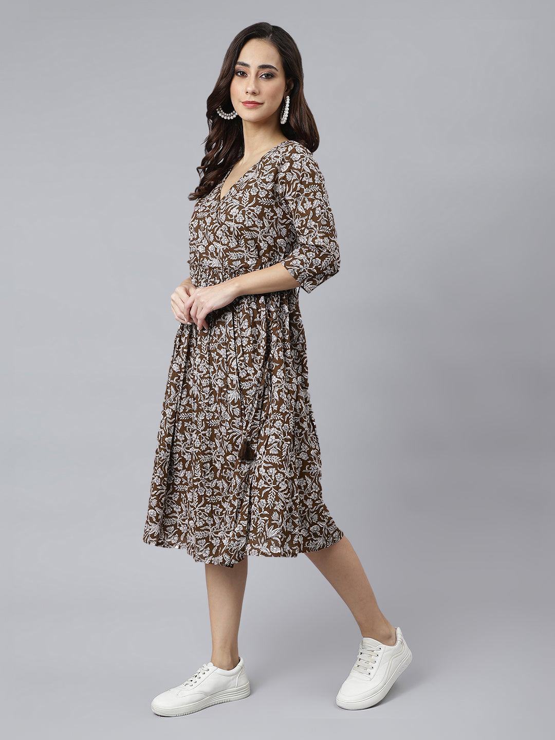 Janasya Dark Cotton Floral Angrakha Dress | Swadesiicart