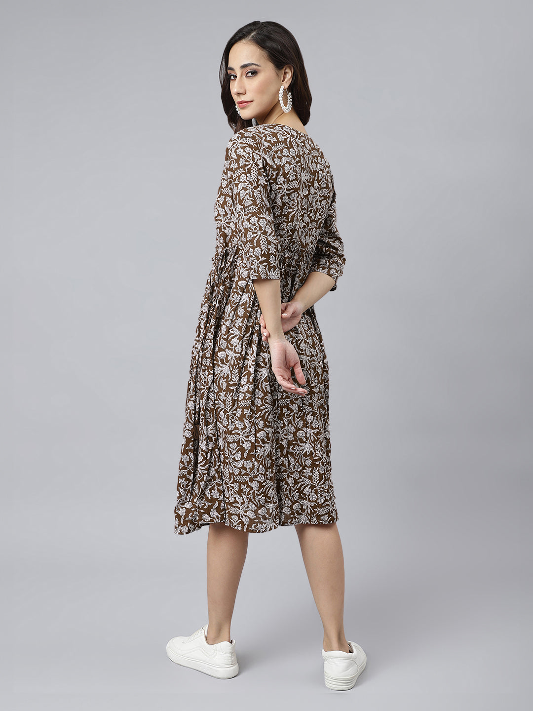 Janasya Dark Cotton Floral Angrakha Dress | Swadesiicart
