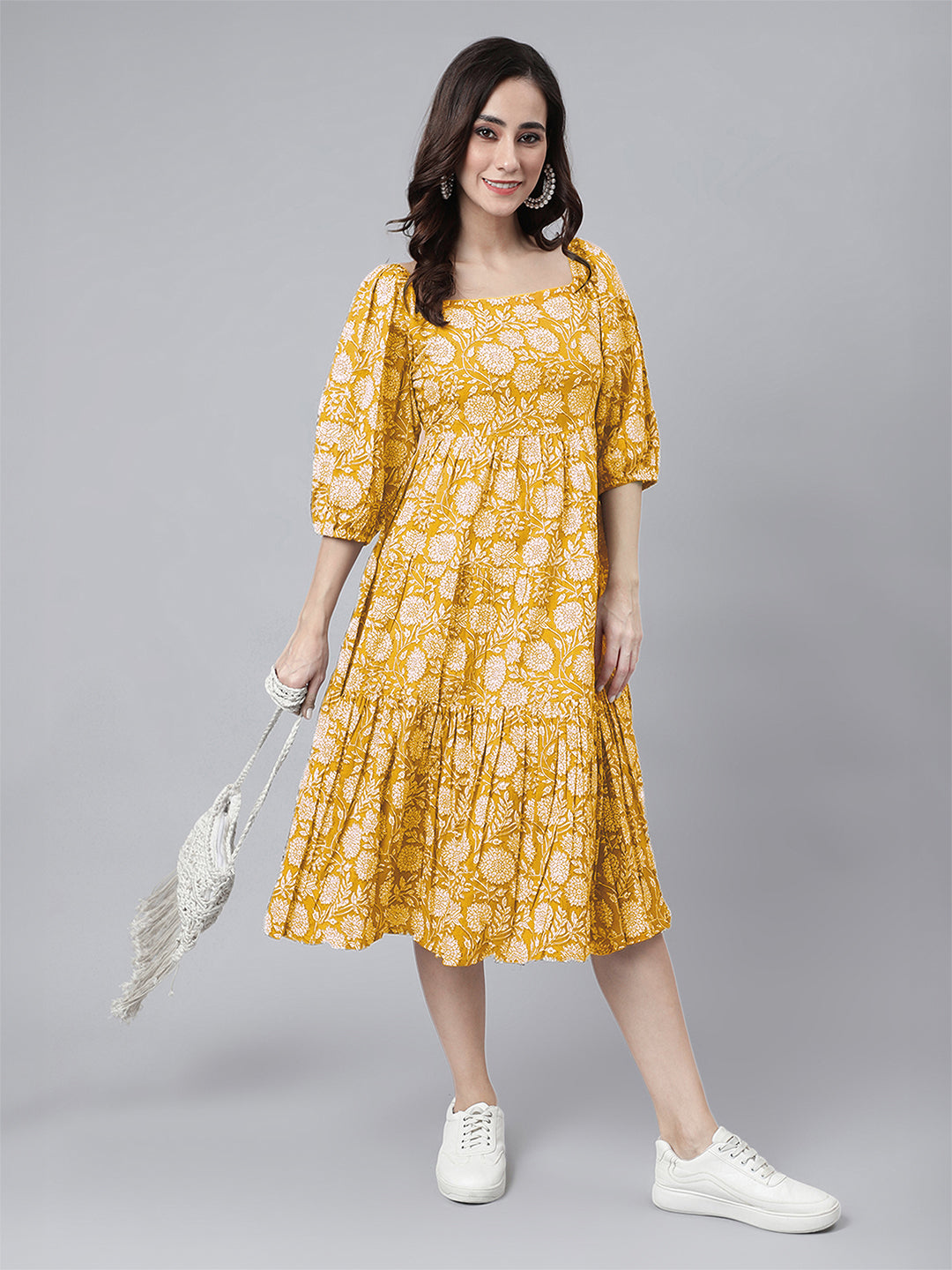 Janasya Bright Cotton Floral Tiered Dress | Swadesiicart