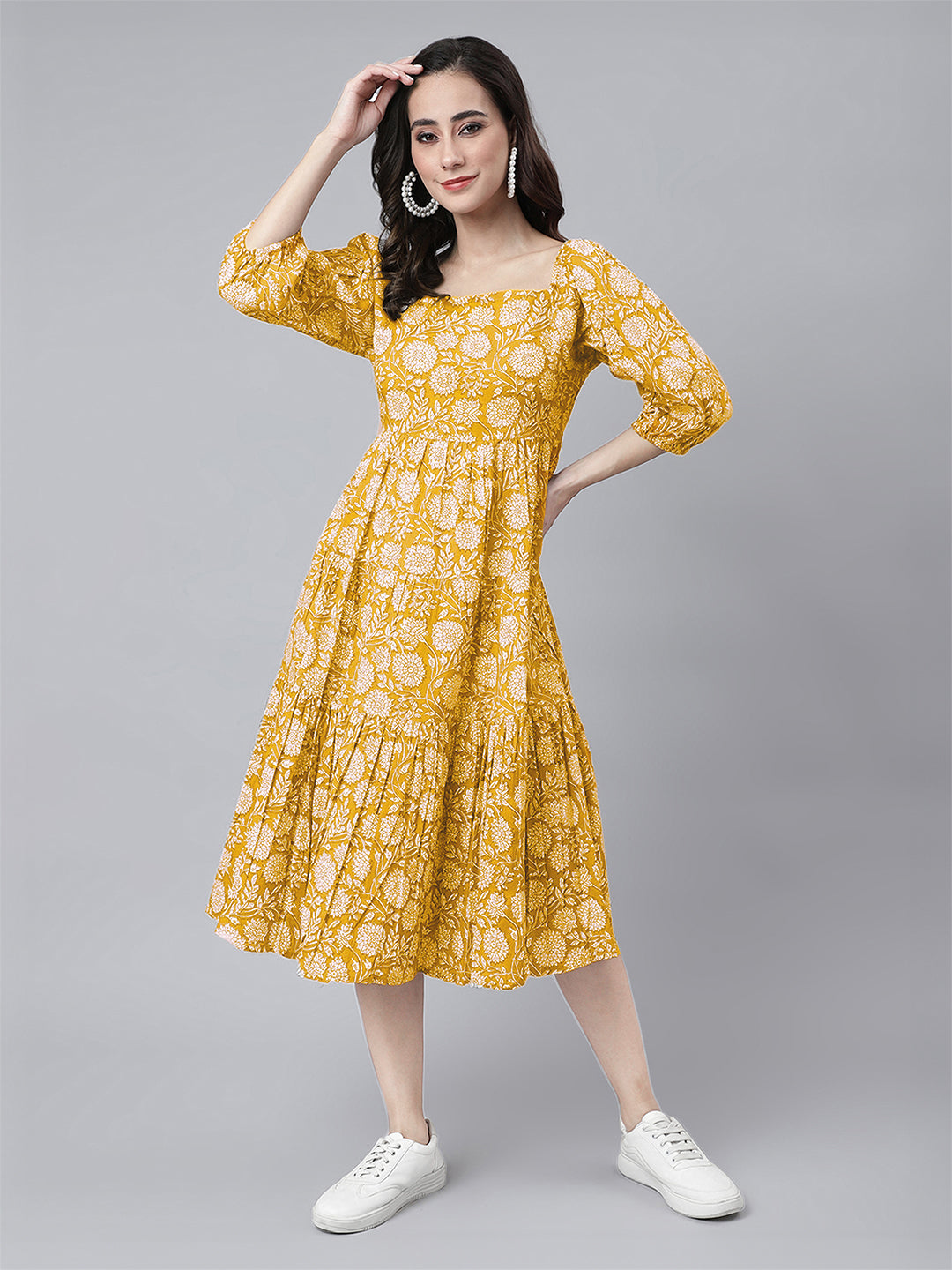 Janasya Bright Cotton Floral Tiered Dress | Swadesiicart