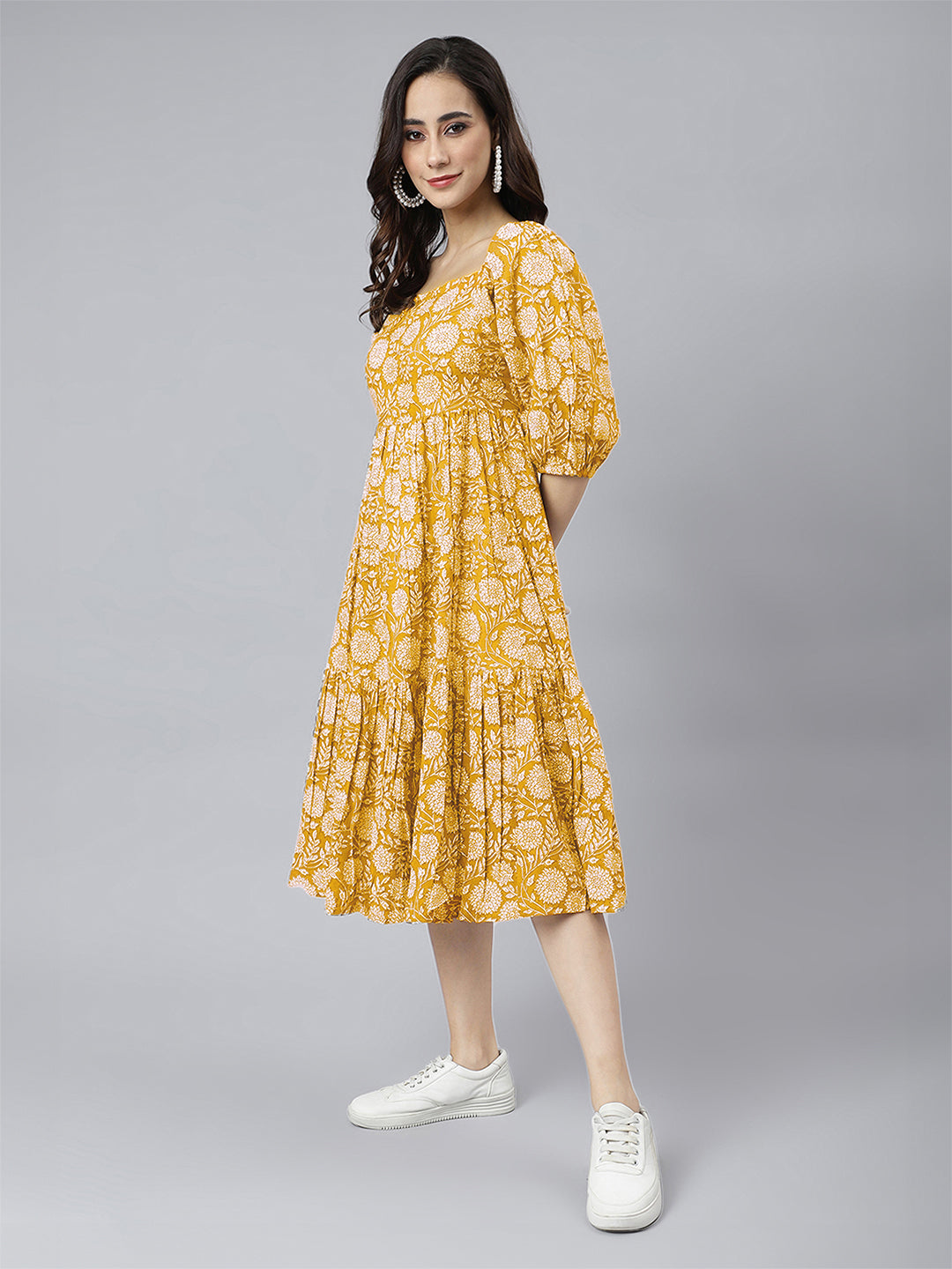 Janasya Bright Cotton Floral Tiered Dress | Swadesiicart