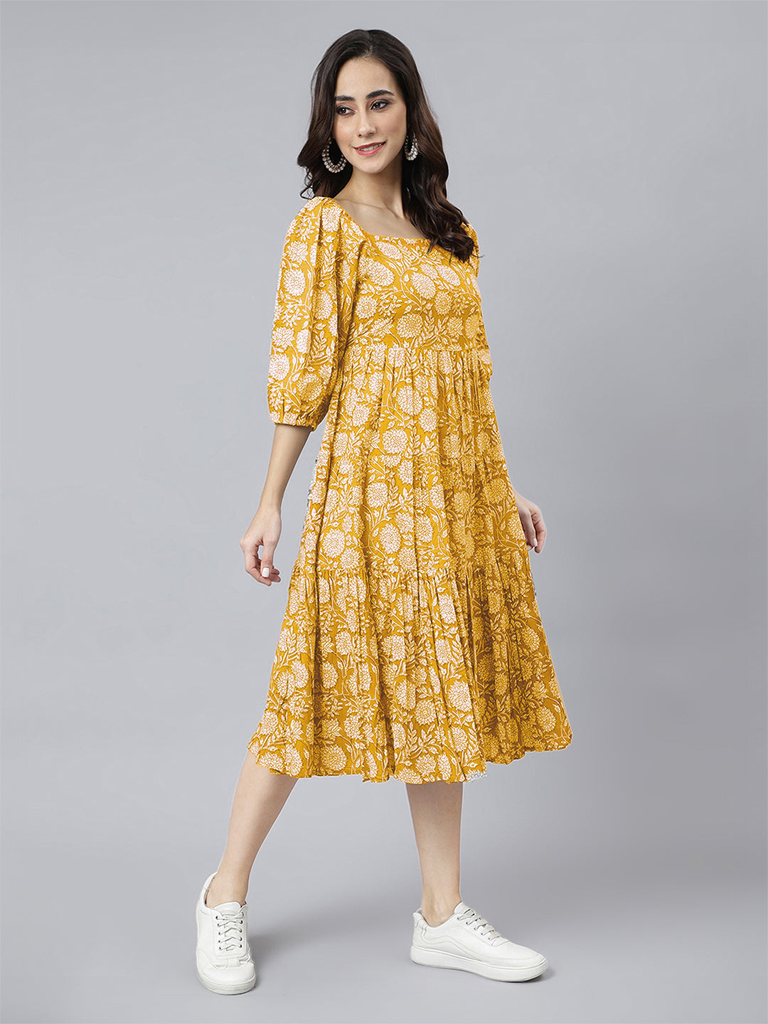 Janasya Bright Cotton Floral Tiered Dress | Swadesiicart