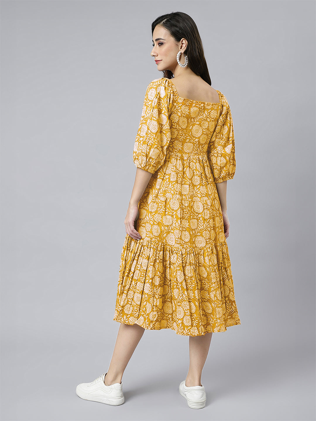 Janasya Bright Cotton Floral Tiered Dress | Swadesiicart