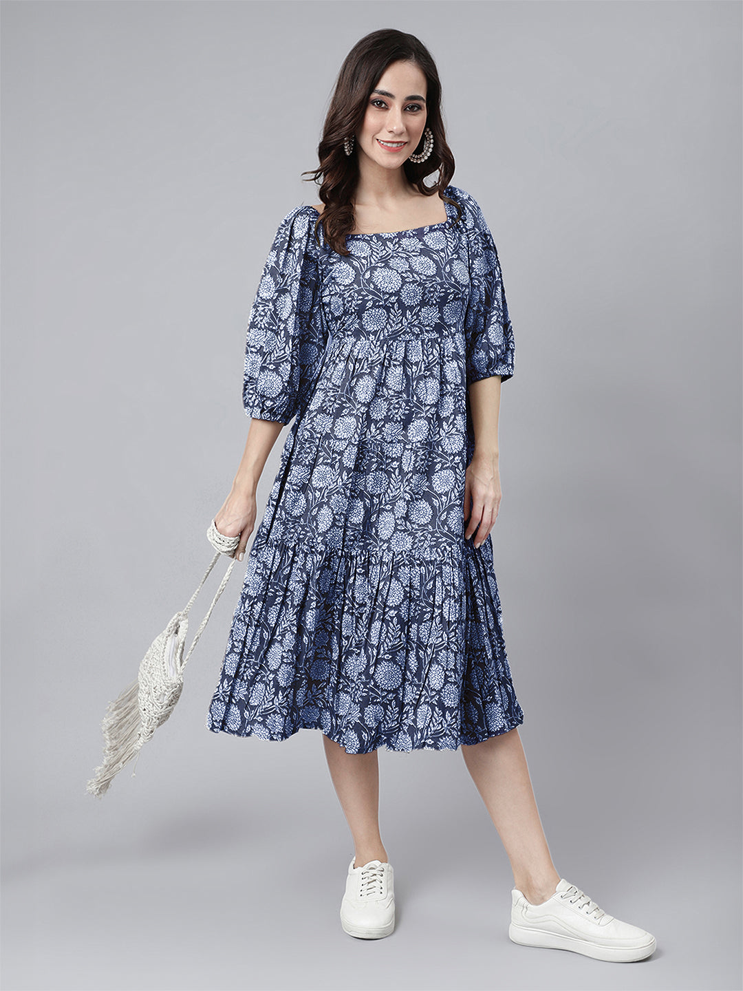 Janasya Bright Cotton Floral Tiered Dress | Swadesiicart