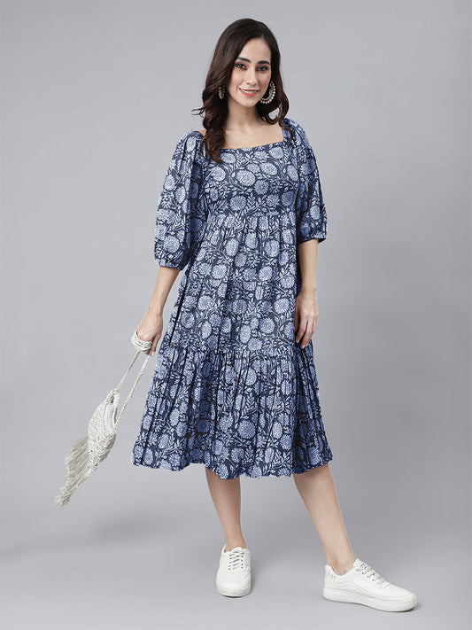 Janasya Bright Cotton Floral Tiered Dress | Swadesiicart