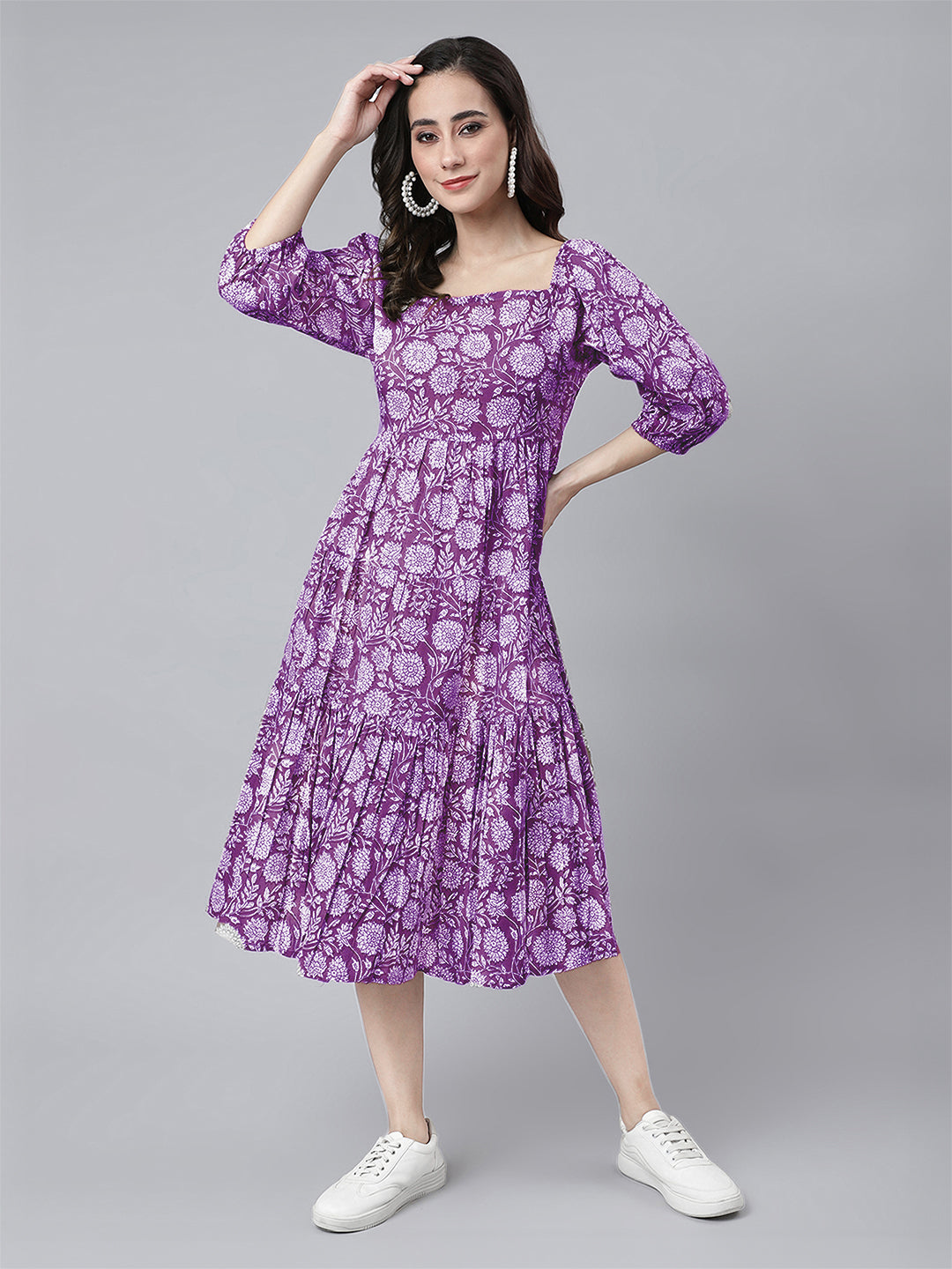 Janasya Bright Cotton Floral Tiered Dress | Swadesiicart
