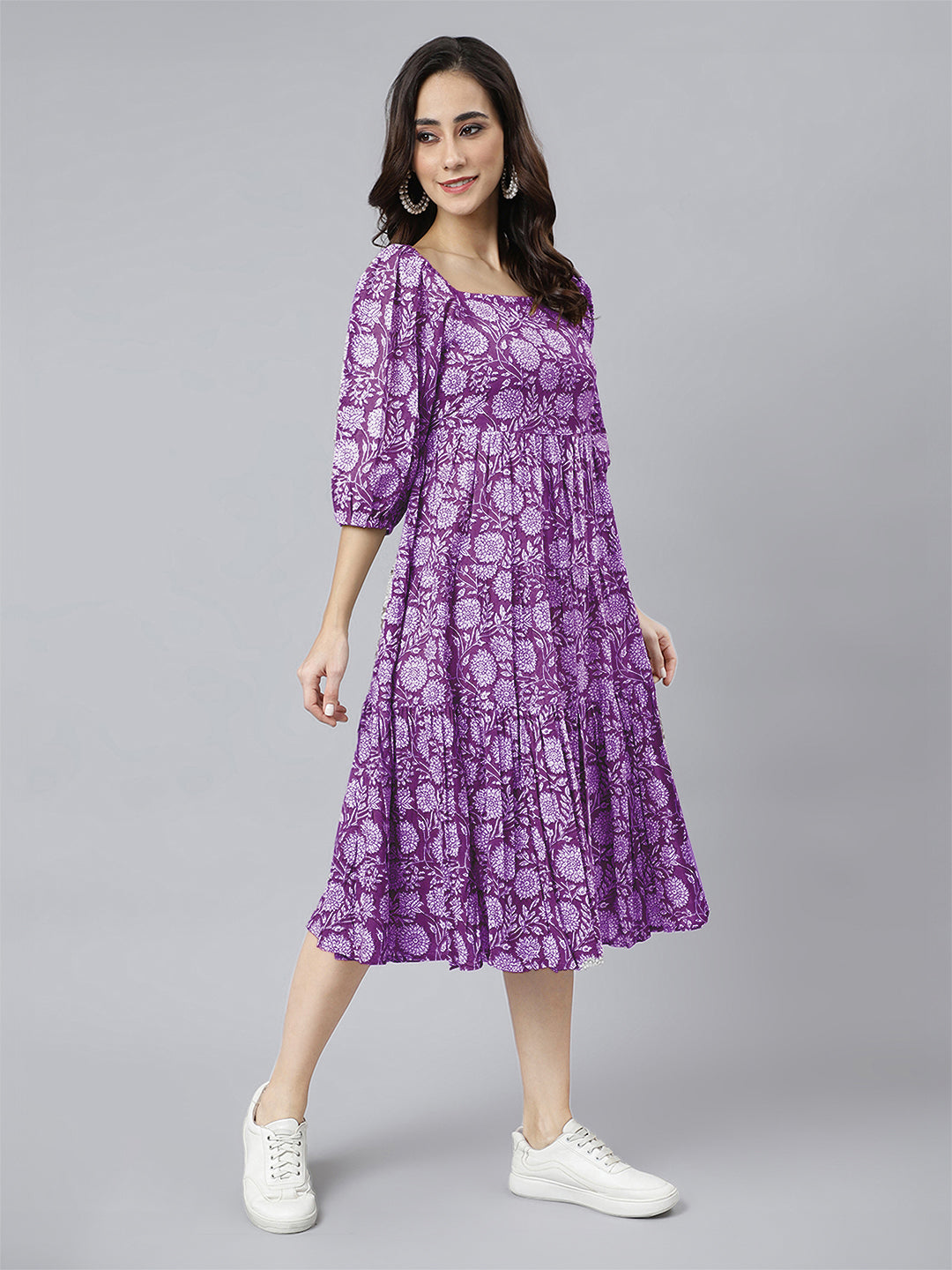 Janasya Bright Cotton Floral Tiered Dress | Swadesiicart