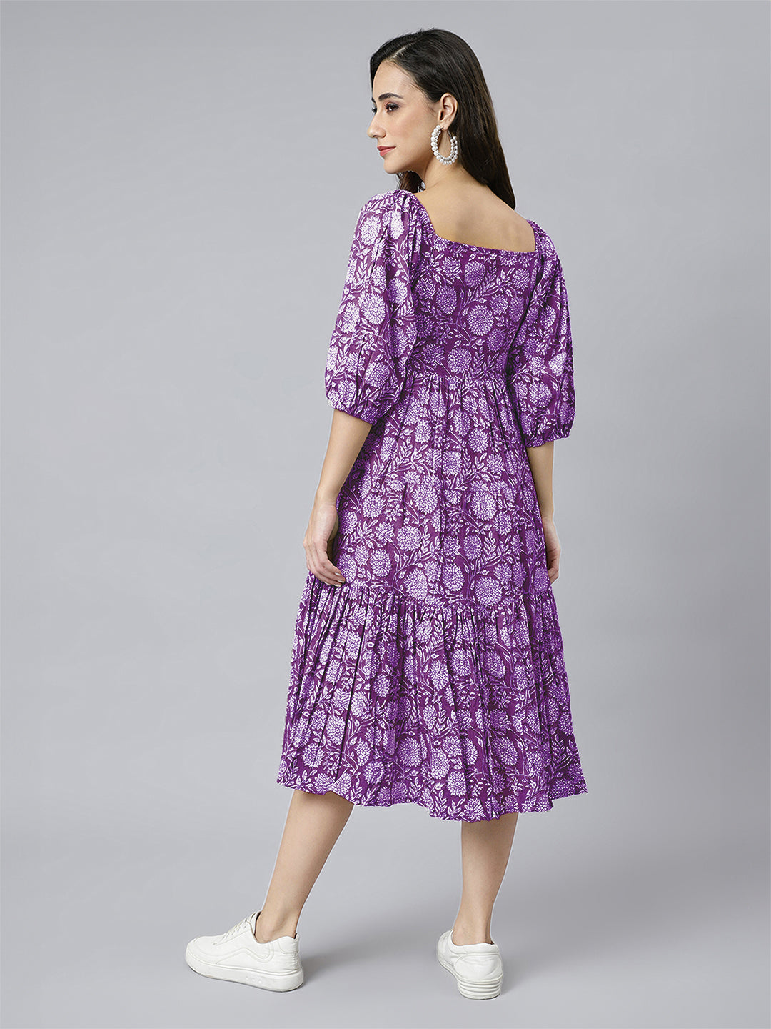 Janasya Bright Cotton Floral Tiered Dress | Swadesiicart