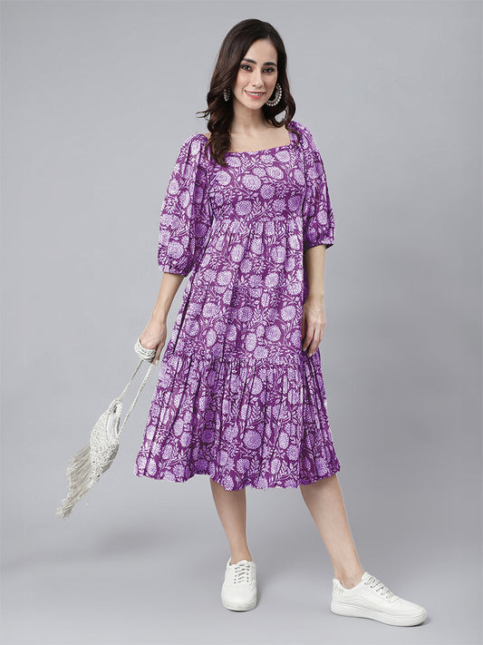 Janasya Bright Cotton Floral Tiered Dress | Swadesiicart