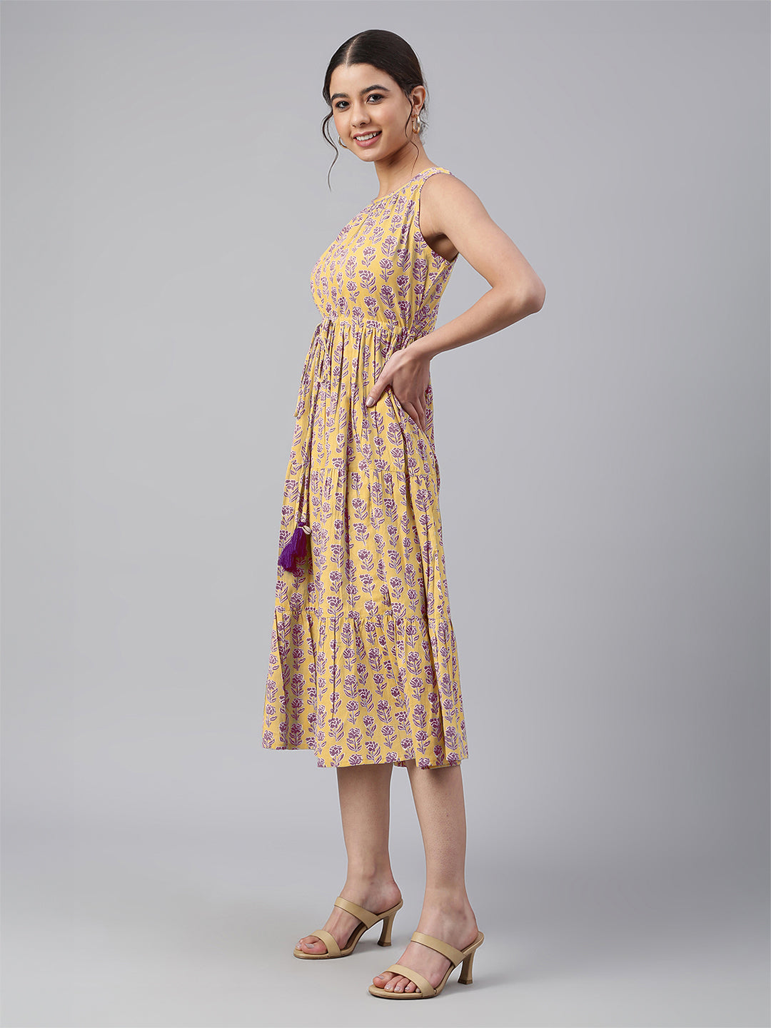 Janasya Bright Cotton Floral Tiered Dress | Swadesiicart