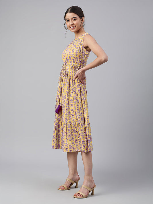 Janasya Bright Cotton Floral Tiered Dress | Swadesiicart