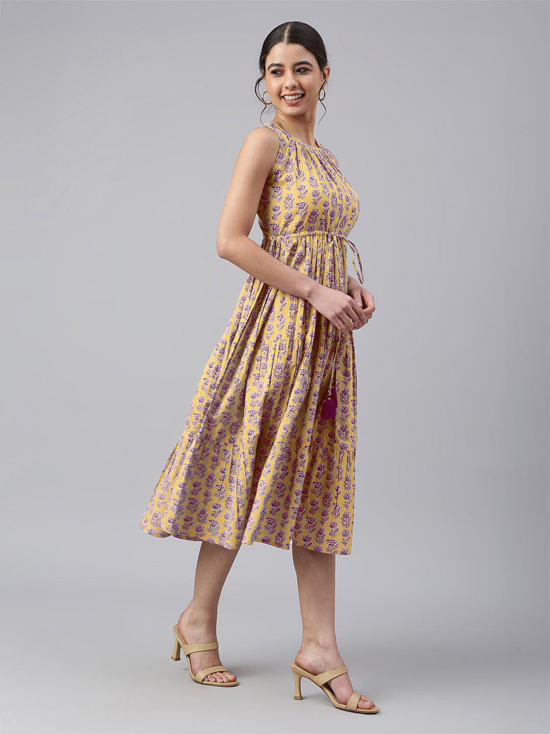 Janasya Bright Cotton Floral Tiered Dress | Swadesiicart