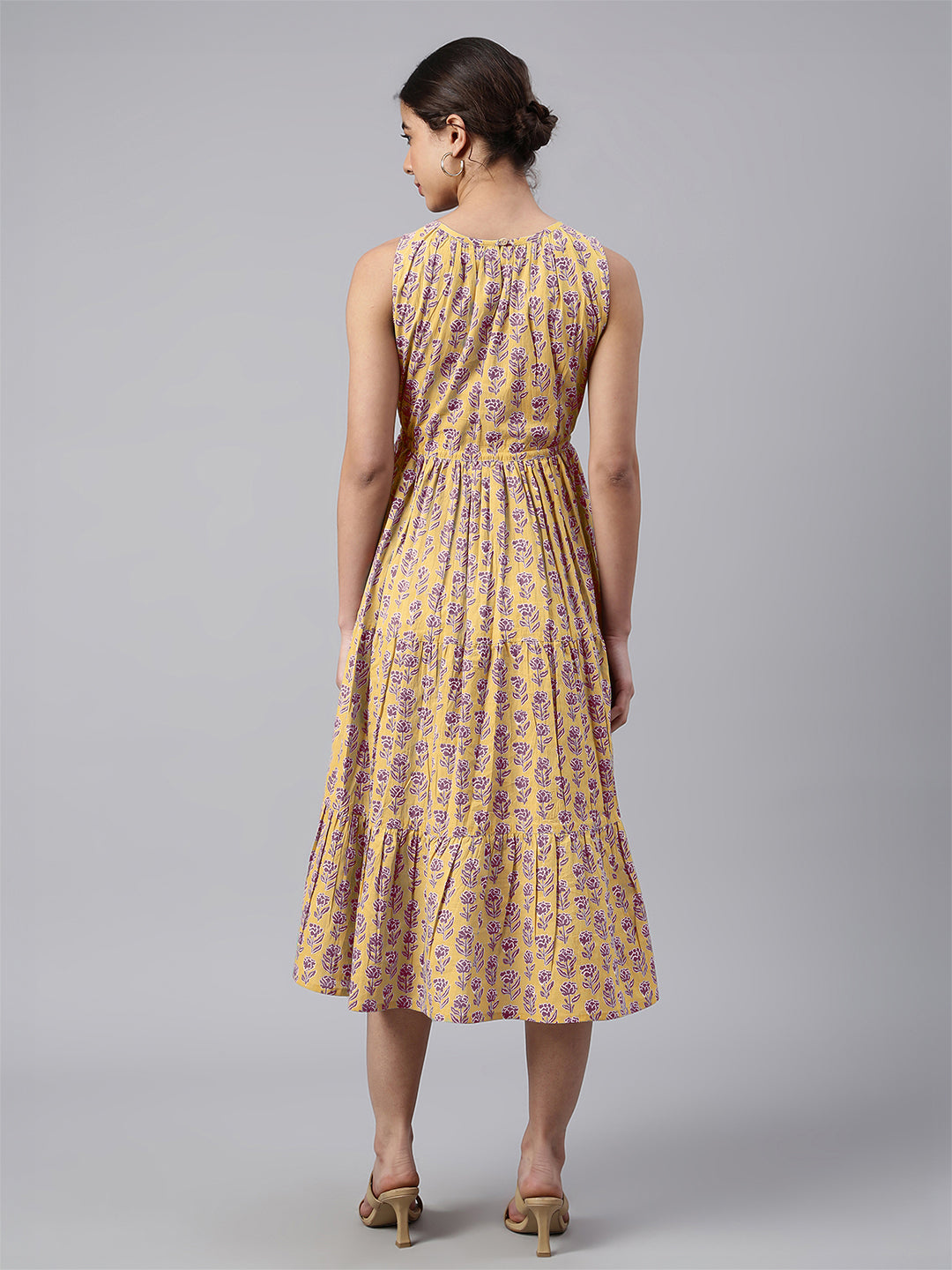 Janasya Bright Cotton Floral Tiered Dress | Swadesiicart