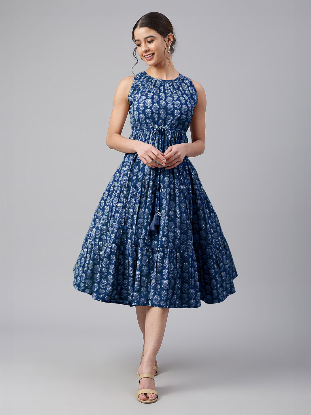 Janasya Bright Cotton Floral Tiered Dress | Swadesiicart